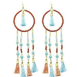 Large Oversized Orange Turquoise Beaded Tassel 6.5" BOHO Hippie ETHNIC Earrings